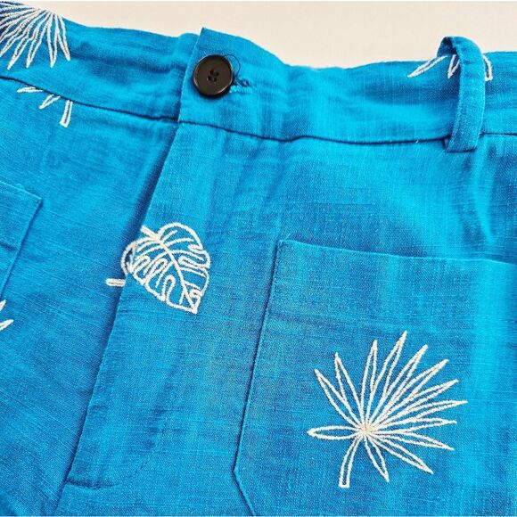 Zara Blue Embroidered Plants Wide Leg High Waist Cropped Linen Culottes Pants L - Picture 8 of 11